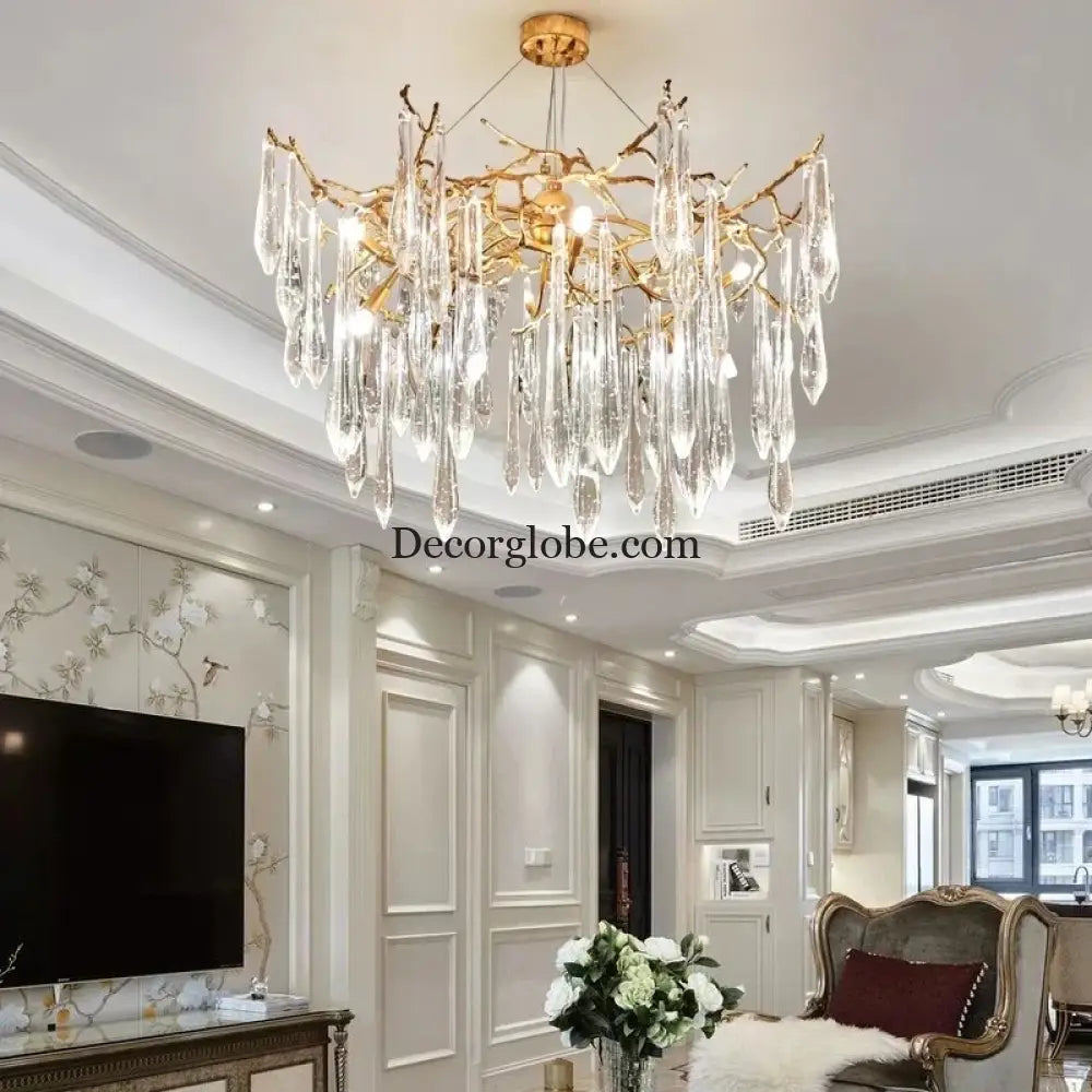 Modern Crystal Chandeliers - Luxury Living and Dining Room Lighting with Bar Design, Featuring Branch Pendant Lights and Crystal Water Drop Accents - DecorGlobe