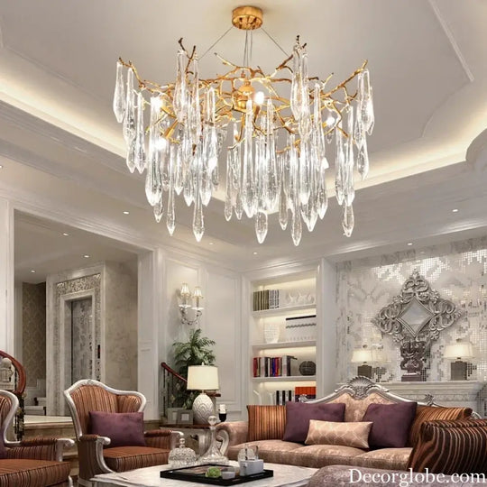 Modern Crystal Chandeliers - Luxury Living and Dining Room Lighting with Bar Design, Featuring Branch Pendant Lights and Crystal Water Drop Accents - DecorGlobe