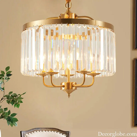 Modern Crystal Cylinder Chandelier Pendant Light - 4 Heads Brass Finish Curved Metal Arm Brass