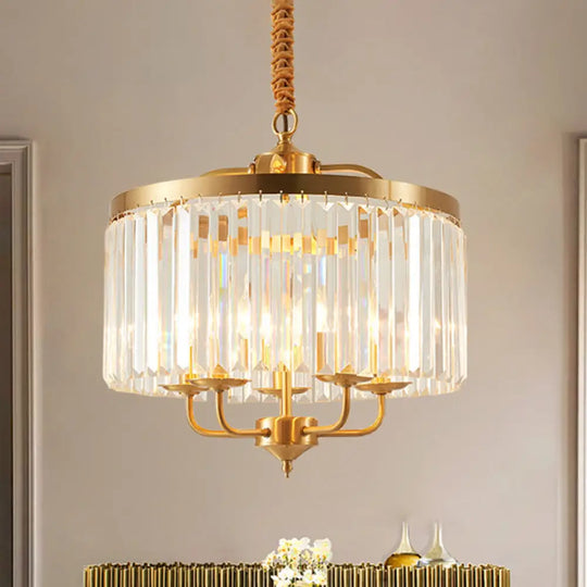 Modern Crystal Cylinder Chandelier Pendant Light - 4 Heads Brass Finish Curved Metal Arm Brass