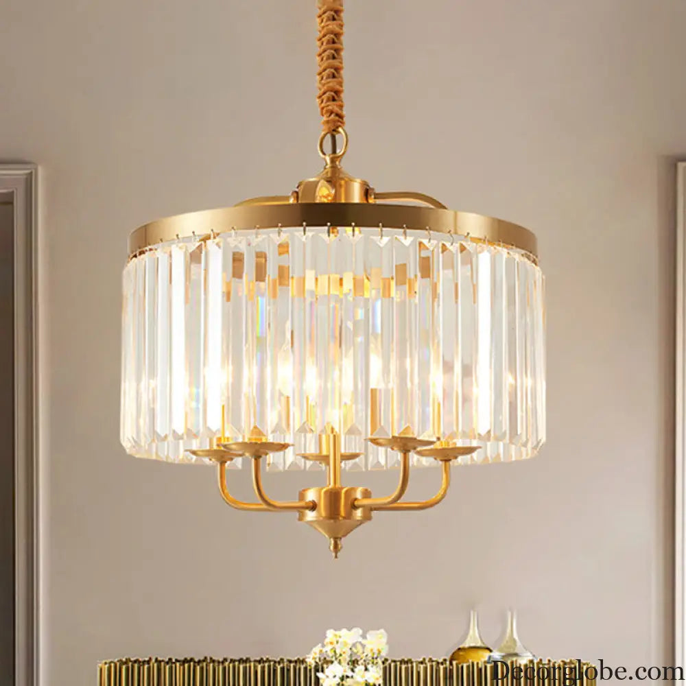 Modern Crystal Cylinder Chandelier Pendant Light - 4 Heads Brass Finish Curved Metal Arm Brass