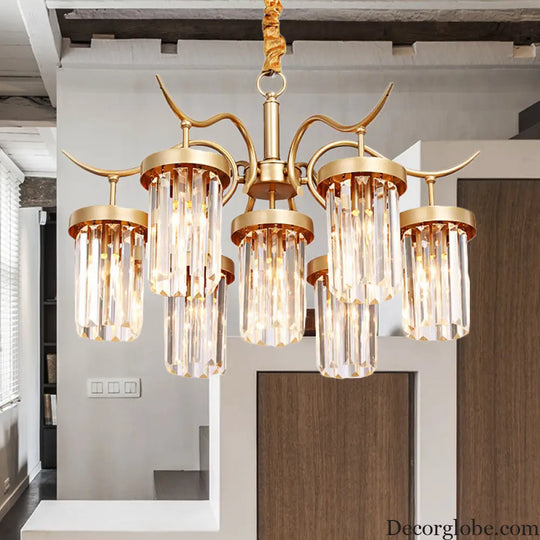 Modern Crystal Cylindrical Chandelier Light with Brass Finish - 7/9-Head Hanging Ceiling Light