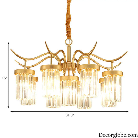 Modern Crystal Cylindrical Chandelier Light with Brass Finish - 7/9-Head Hanging Ceiling Light