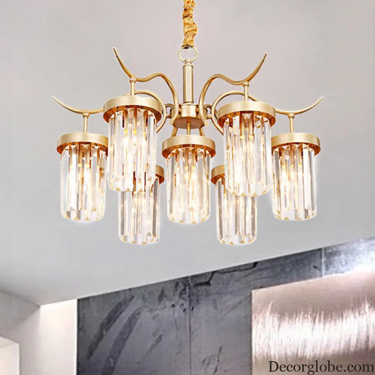 Modern Crystal Cylindrical Chandelier Light with Brass Finish - 7/9-Head Hanging Ceiling Light