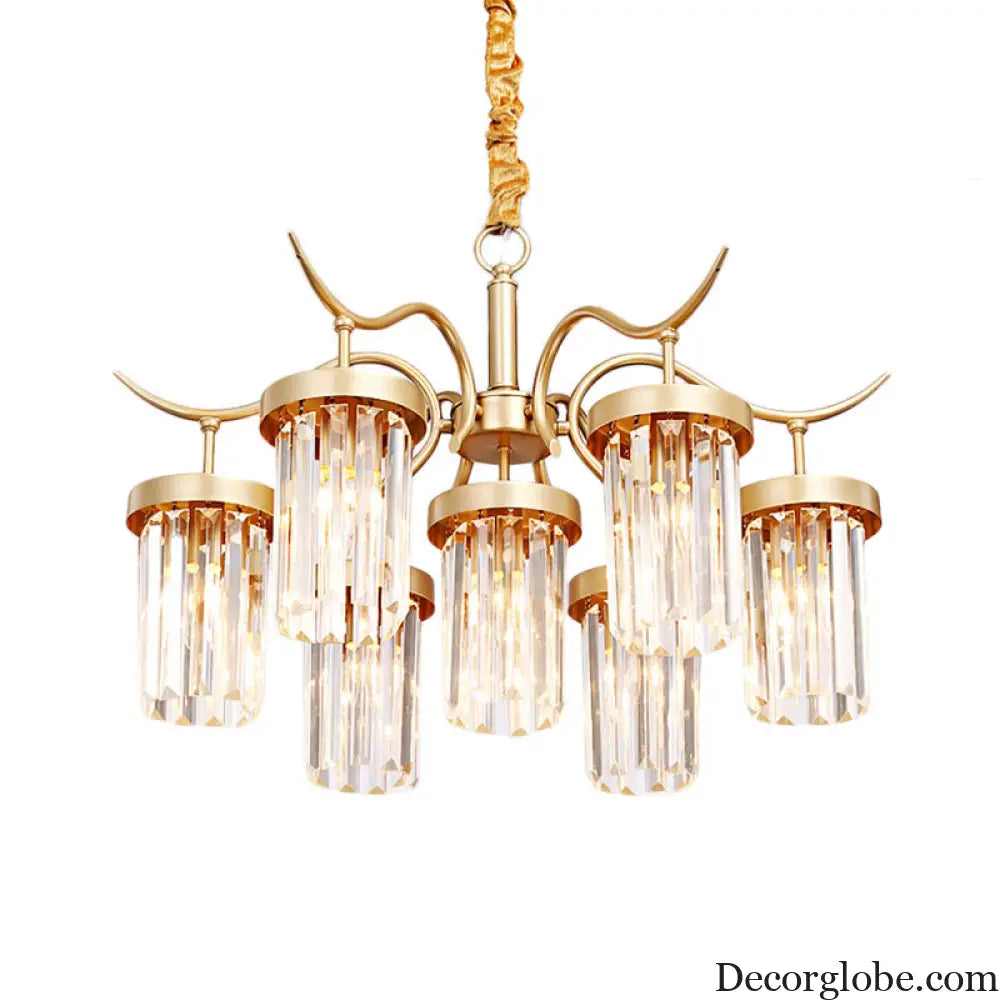 Modern Crystal Cylindrical Chandelier Light with Brass Finish - 7/9-Head Hanging Ceiling Light