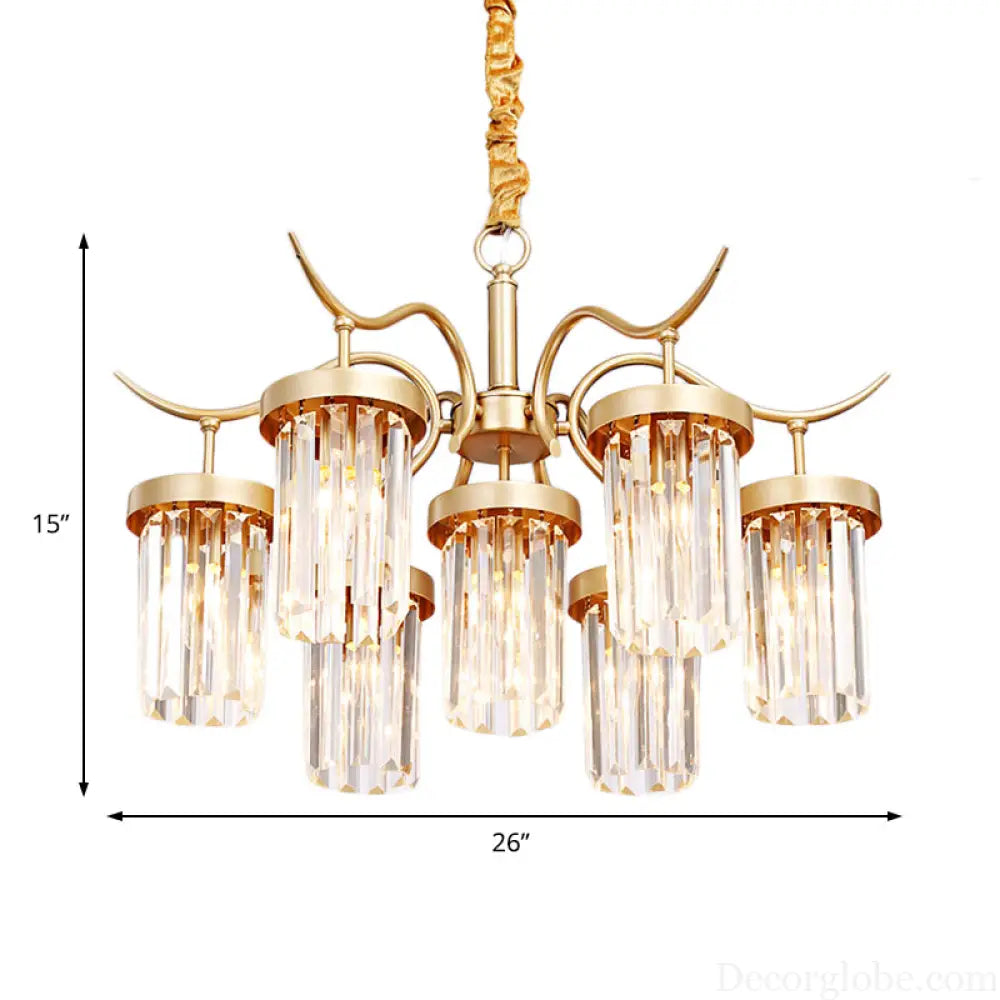 Modern Crystal Cylindrical Chandelier Light with Brass Finish - 7/9-Head Hanging Ceiling Light
