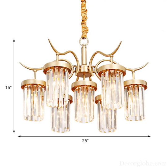 Modern Crystal Cylindrical Chandelier Light with Brass Finish - 7/9-Head Hanging Ceiling Light