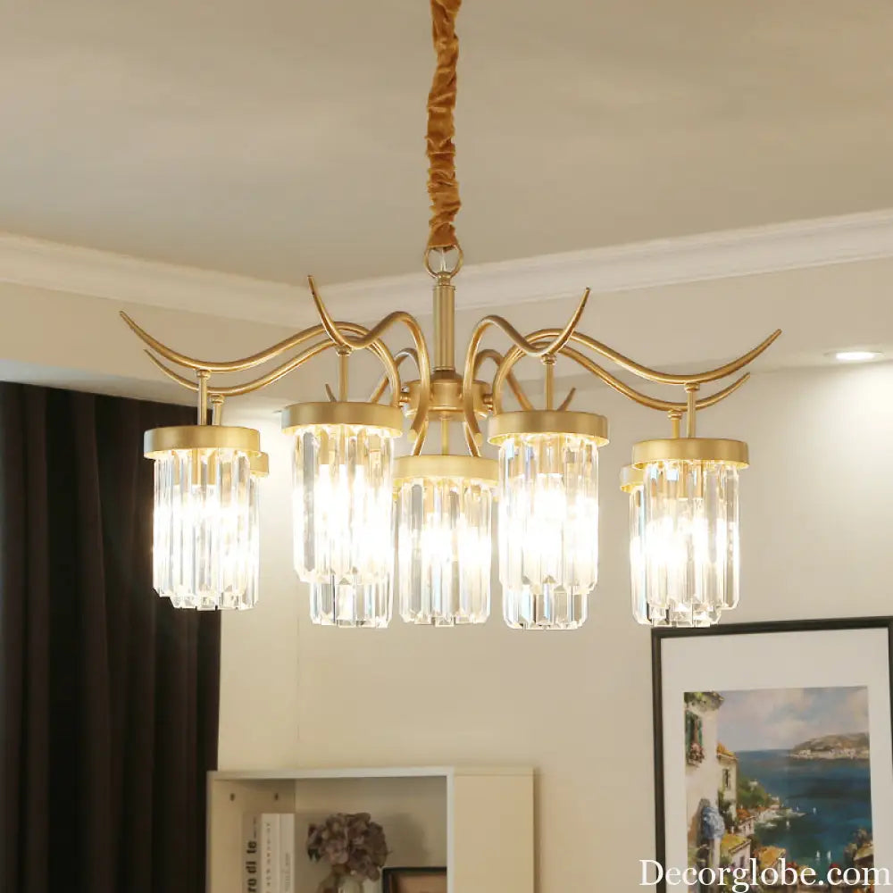 Modern Crystal Cylindrical Chandelier Light with Brass Finish - 7/9-Head Hanging Ceiling Light