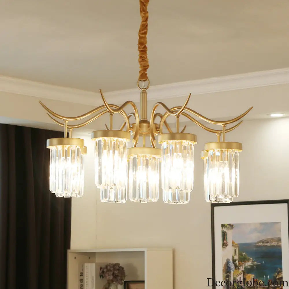Modern Crystal Cylindrical Chandelier Light with Brass Finish - 7/9-Head Hanging Ceiling Light
