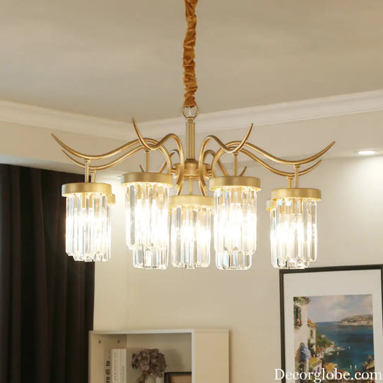 Modern Crystal Cylindrical Chandelier Light with Brass Finish - 7/9-Head Hanging Ceiling Light