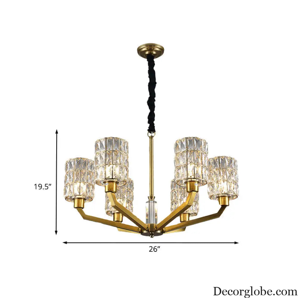 Gold Pendant Chandelier with Crystal Cylinder Shade - Modern Bedroom Lighting Fixture (6 Heads) Gold