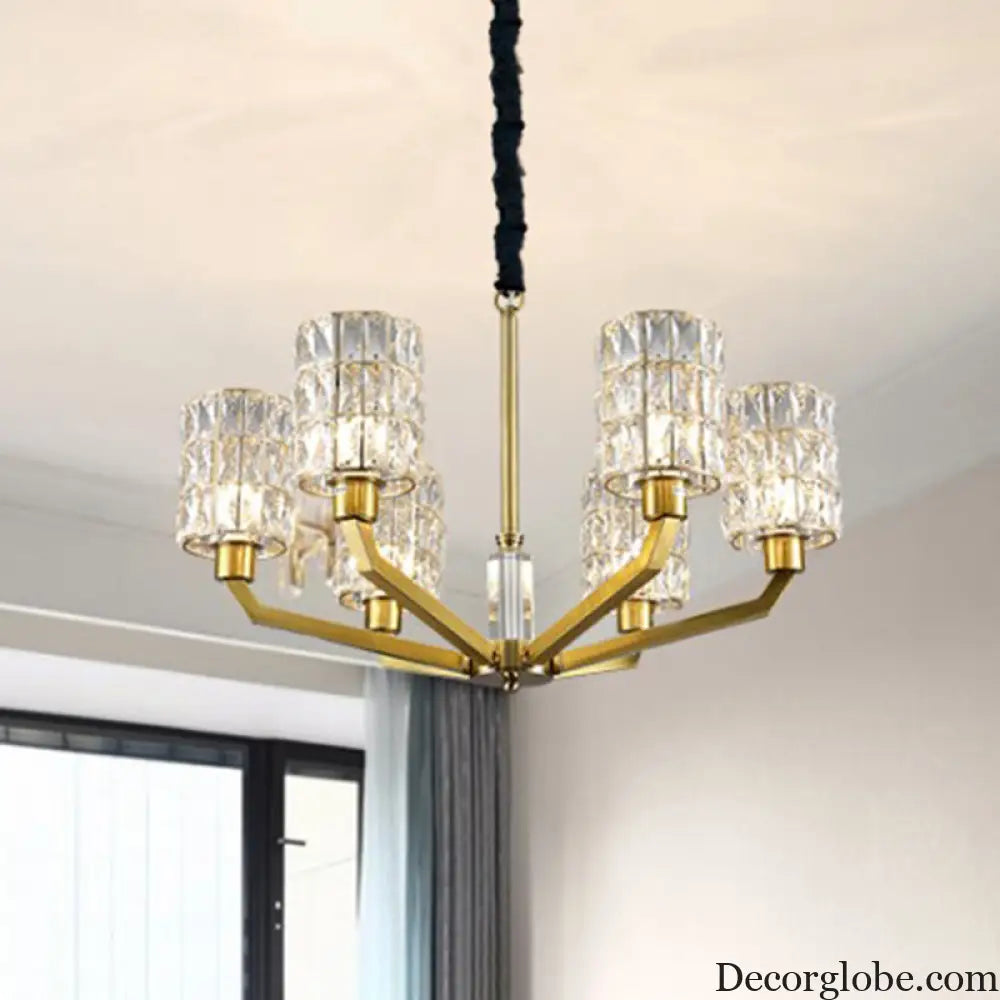 Gold Pendant Chandelier with Crystal Cylinder Shade - Modern Bedroom Lighting Fixture (6 Heads) Gold