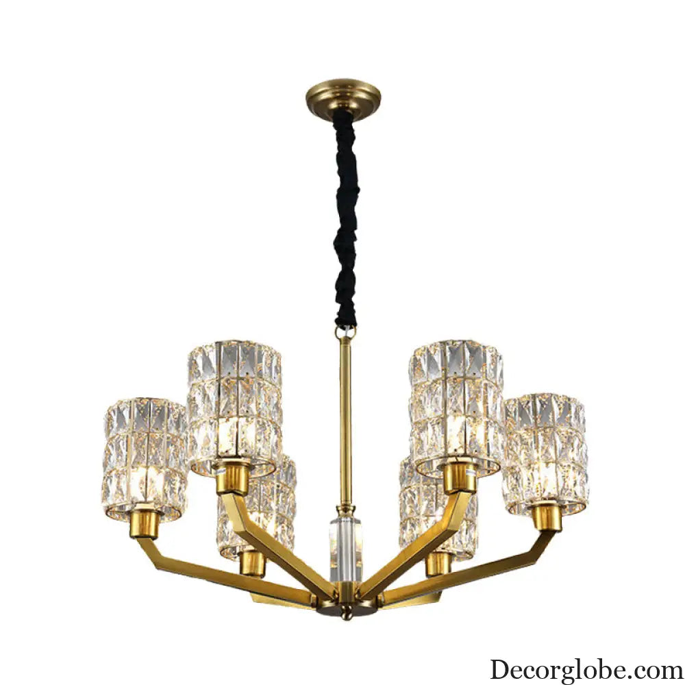 Gold Pendant Chandelier with Crystal Cylinder Shade - Modern Bedroom Lighting Fixture (6 Heads) Gold