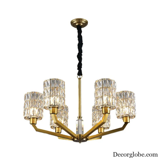Gold Pendant Chandelier with Crystal Cylinder Shade - Modern Bedroom Lighting Fixture (6 Heads) Gold