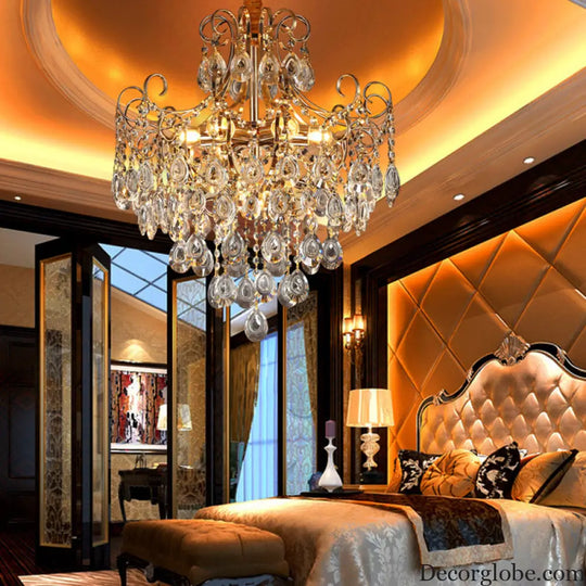 Gold Industrial Geometric Chandelier with Crystal Teardrop Shade - 5/6/8 Bulb Pendant Light