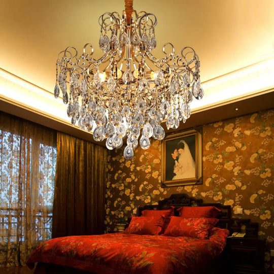 Gold Industrial Geometric Chandelier with Crystal Teardrop Shade - 5/6/8 Bulb Pendant Light 8 / Gold