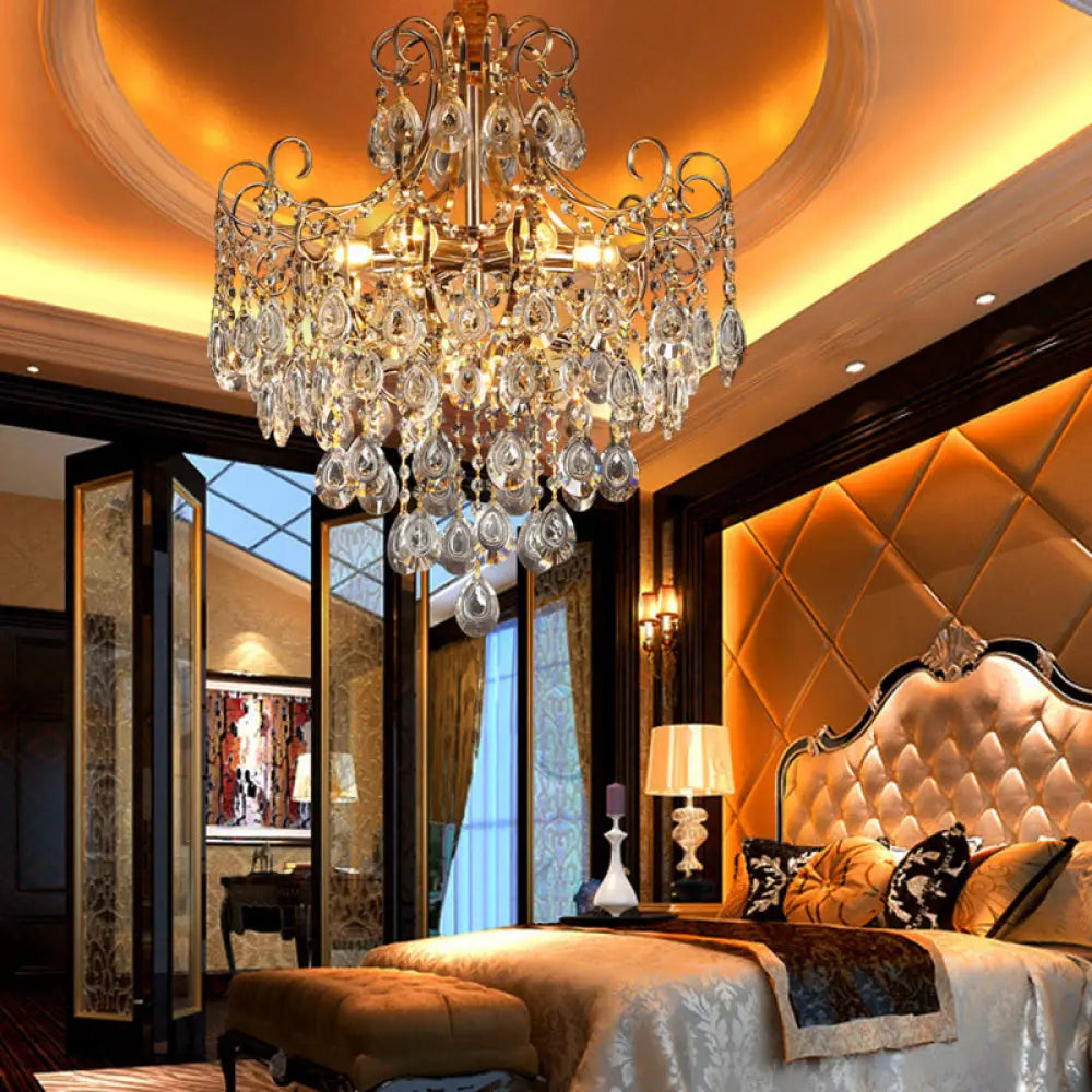 Gold Industrial Geometric Chandelier with Crystal Teardrop Shade - 5/6/8 Bulb Pendant Light 6 / Gold