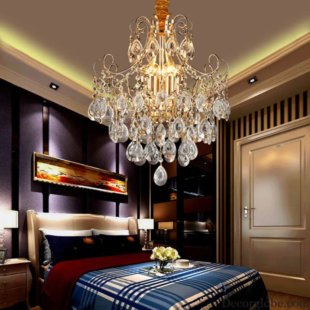 Gold Industrial Geometric Chandelier with Crystal Teardrop Shade - 5/6/8 Bulb Pendant Light