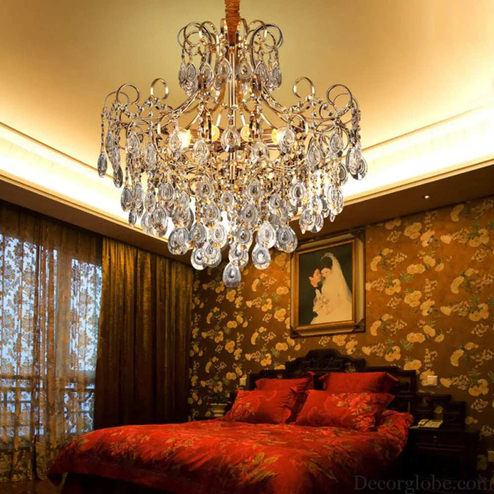 Gold Industrial Geometric Chandelier with Crystal Teardrop Shade - 5/6/8 Bulb Pendant Light