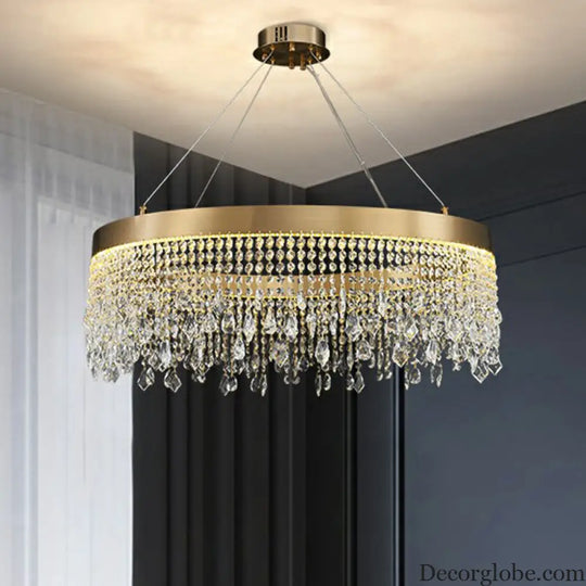 Modern LED Chandelier with Crystal Drapes and Stainless Steel Ring Shape