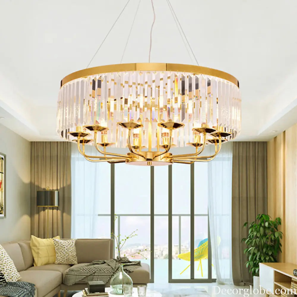 Modern Gold Round Chandelier with Rectangular-Cut Crystal Ceiling Light - 6/8/12 Lights 18’’/31.5’’ Wide