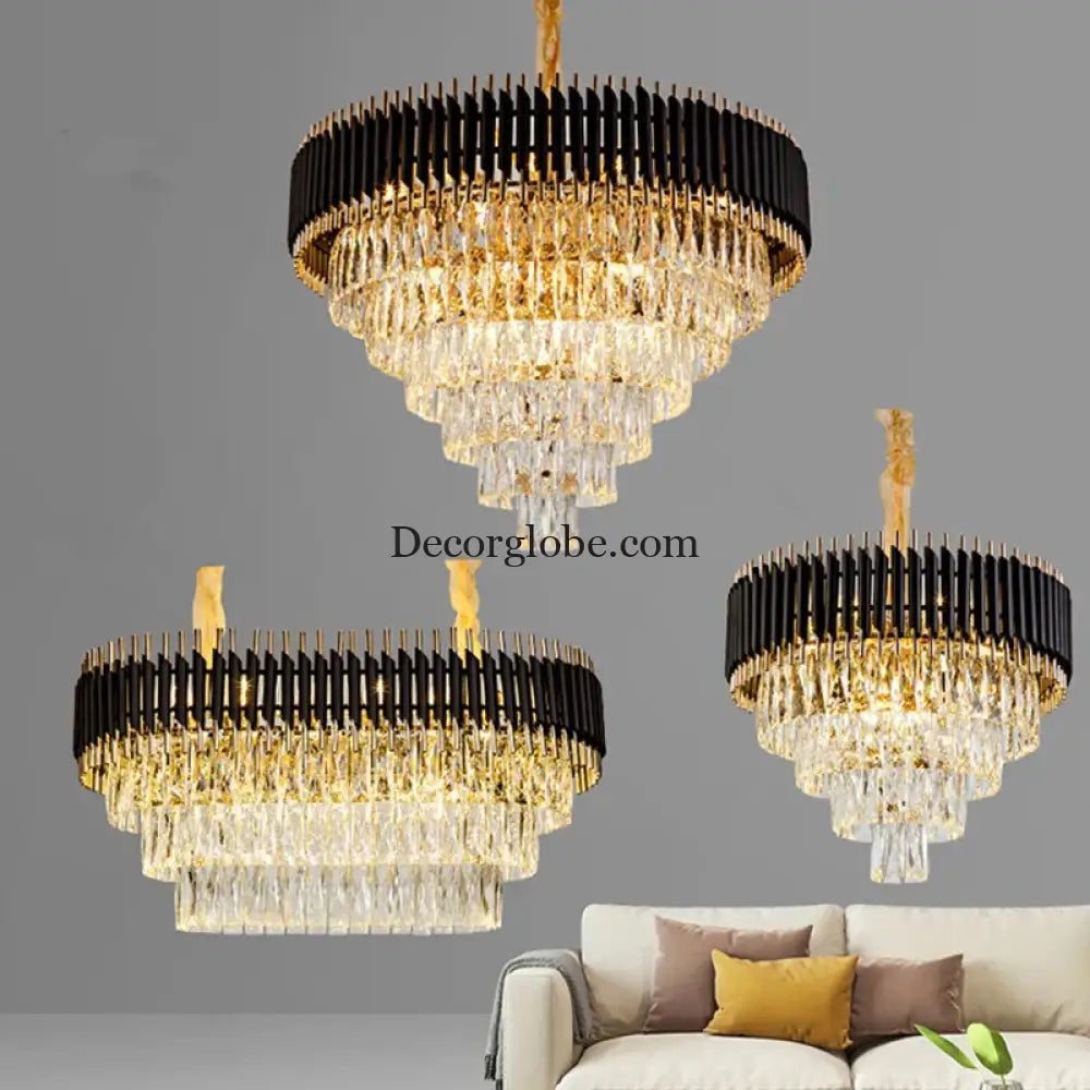 Modern LED Luxury Black Gold Crystal Chandeliers - Elegant Indoor Lighting Fixture for Living and Dining Rooms - DecorGlobe