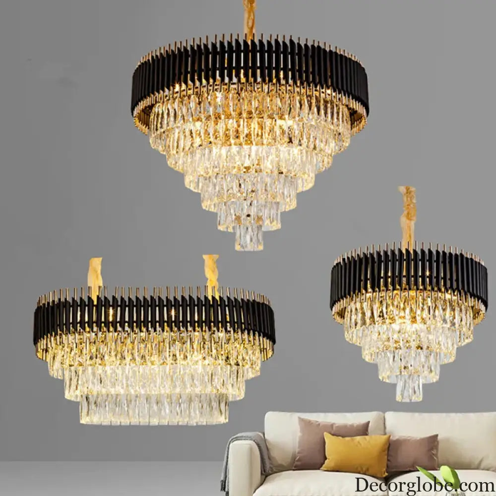 Modern LED Luxury Black Gold Crystal Chandeliers - Elegant Indoor Lighting Fixture for Living and Dining Rooms - DecorGlobe