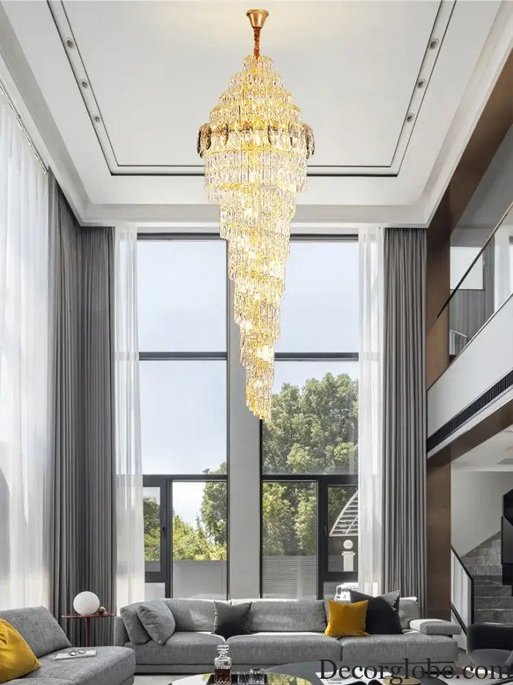 Modern Luxury Staircase Chandelier - Golden Elegance with Crystal Accents for Duplex Buildings, High Ceilings, and Decorative Lighting - DecorGlobe