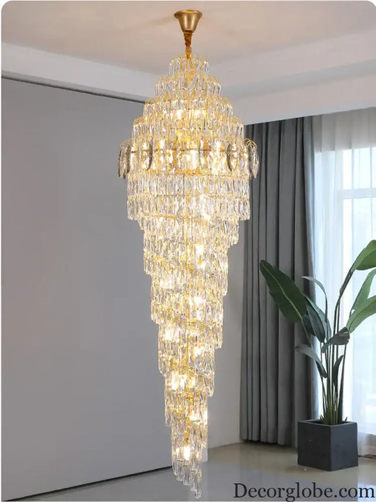 Modern Luxury Staircase Chandelier - Golden Elegance with Crystal Accents for Duplex Buildings, High Ceilings, and Decorative Lighting - DecorGlobe