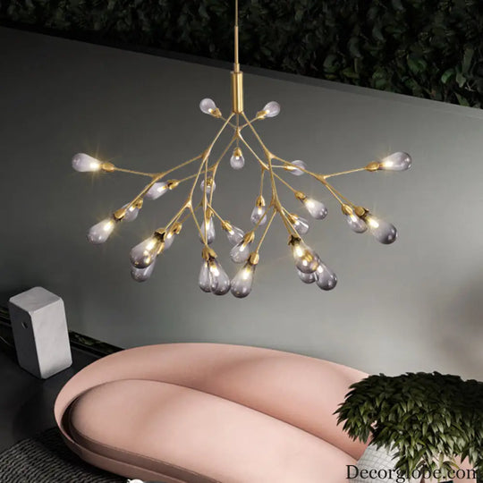 Smoke Gray Glass Teardrop Chandelier - Contemporary 27-Head Pendant Light for Living Room Ceiling Smoke Gray