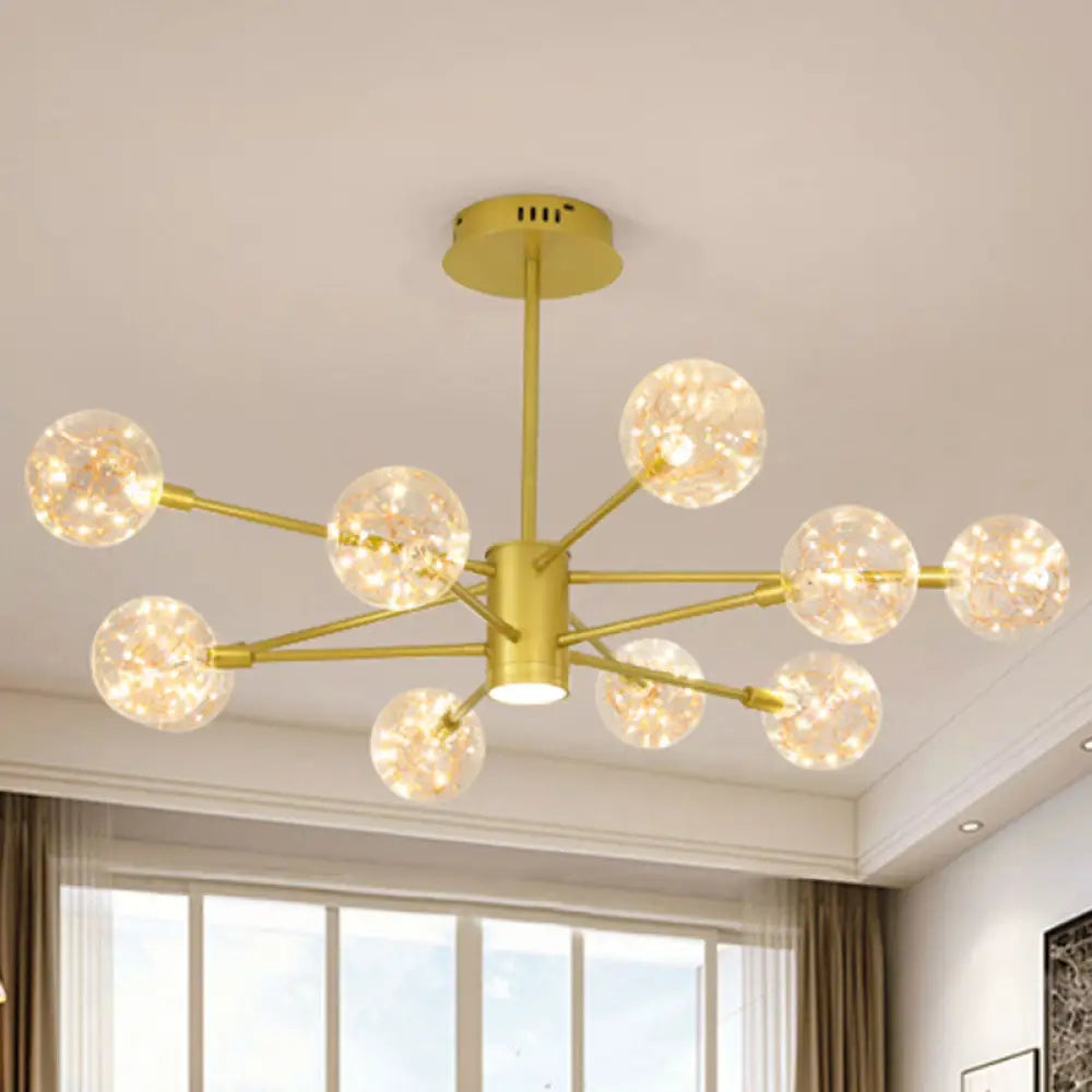 Modern LED Chandelier with Orb Glass Shade - Starburst Hanging Ceiling Light for Living Room 10 / Gold / Natural
