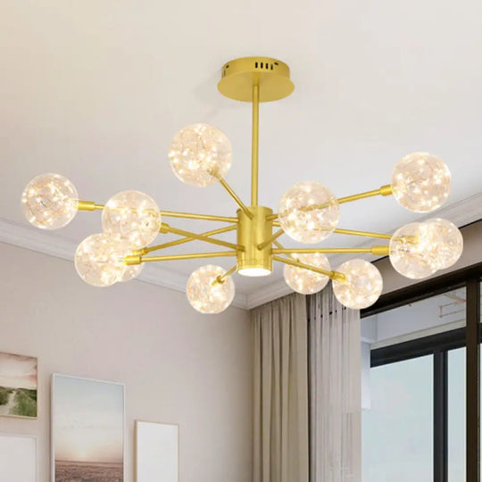 Modern LED Chandelier with Orb Glass Shade - Starburst Hanging Ceiling Light for Living Room 12 / Gold / Natural