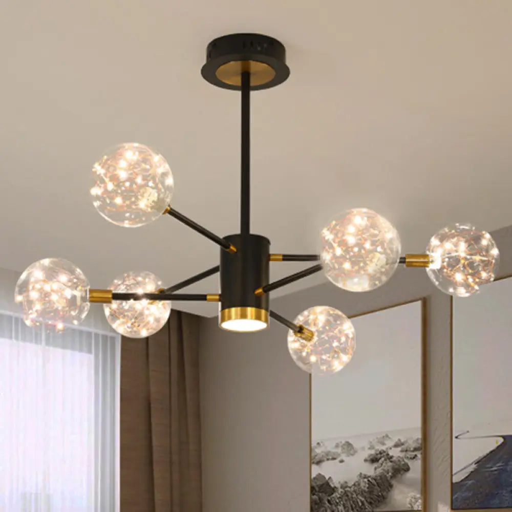 Modern LED Chandelier with Orb Glass Shade - Starburst Hanging Ceiling Light for Living Room 6 / Black / Natural