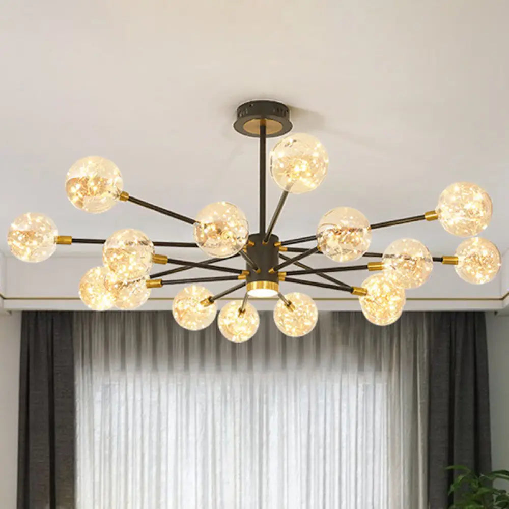 Modern LED Chandelier with Orb Glass Shade - Starburst Hanging Ceiling Light for Living Room 16 / Black / Natural