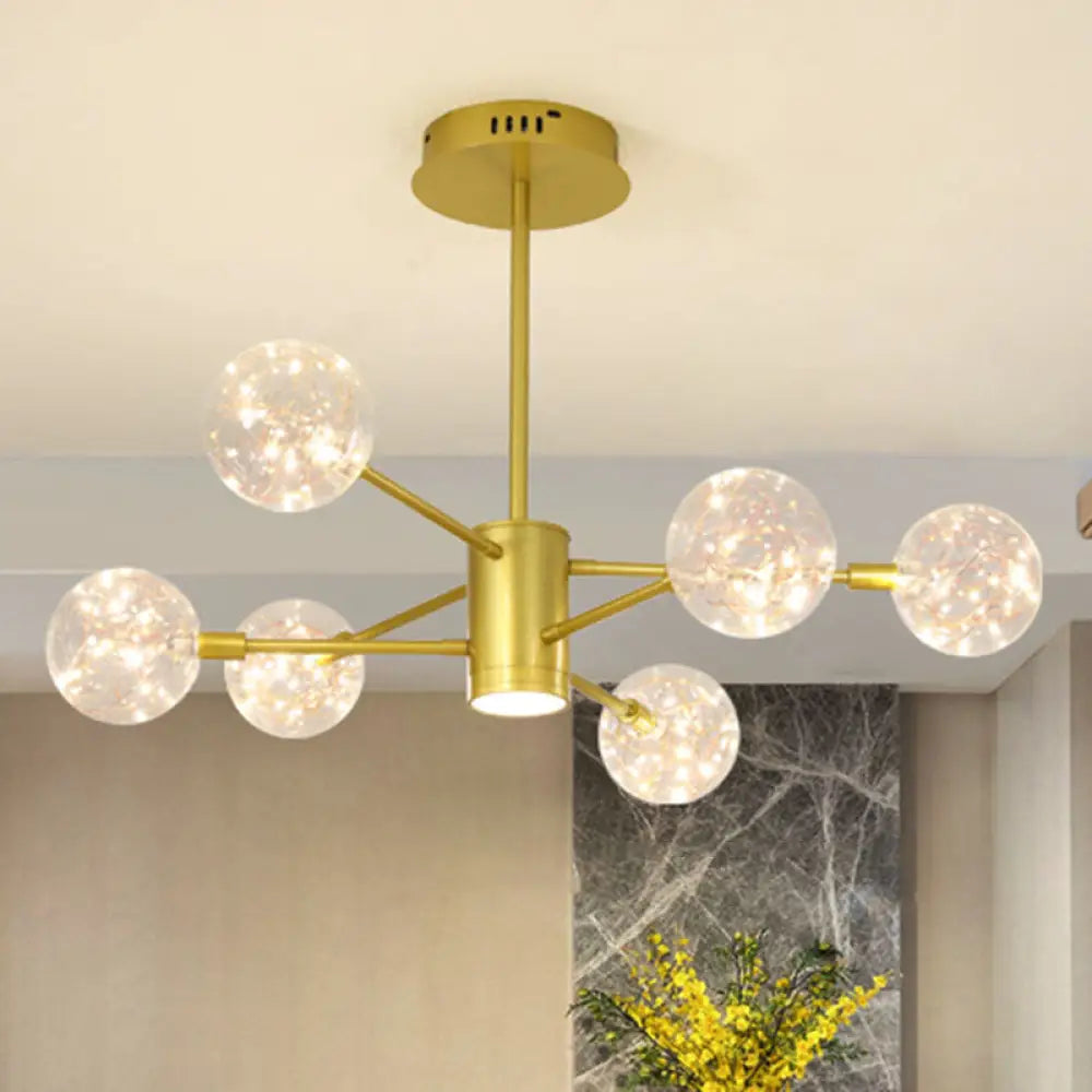 Modern LED Chandelier with Orb Glass Shade - Starburst Hanging Ceiling Light for Living Room 6 / Gold / Natural
