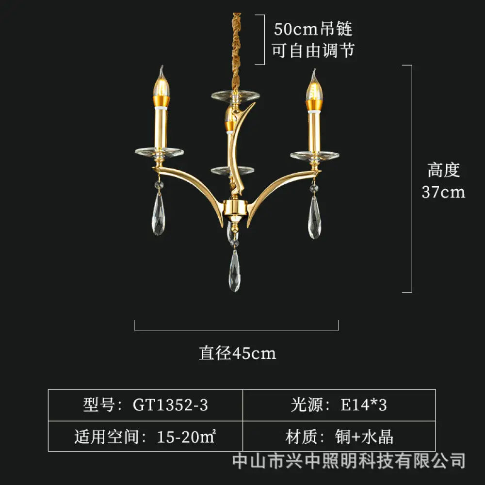 French Crystal Copper Branch Chandelier for Living Room 3-head chandelier (diameter 45cm, height 37cm)
