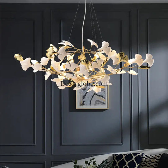 New gold chandelier white ceramic leaf lamp indoor home living room decorative lamp French luxury staircase ceiling lamp - DecorGlobe