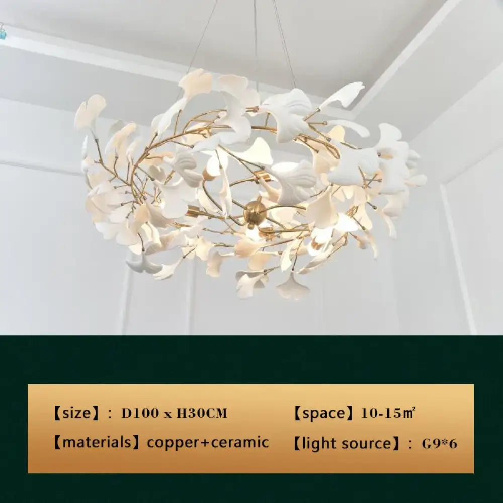 New gold chandelier white ceramic leaf lamp indoor home living room decorative lamp French luxury staircase ceiling lamp - DecorGlobe