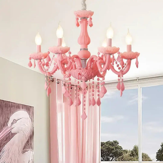Pink Macaron LED Crystal Chandelier Modern Stylish Hanging Light Bedroom Living Room Kids Room Study Elegant Home Decor