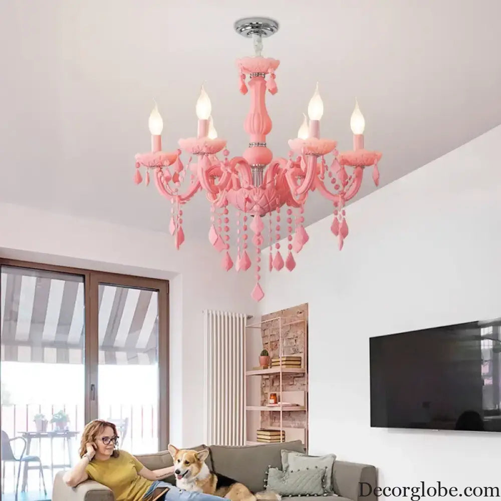 Pink Macaron LED Crystal Chandelier Modern Stylish Hanging Light Bedroom Living Room Kids Room Study Elegant Home Decor