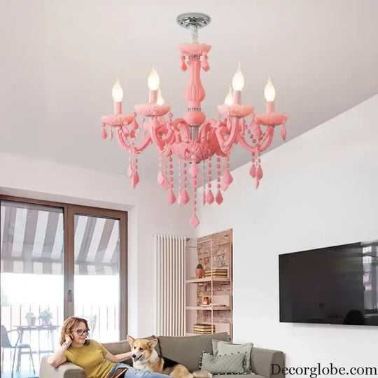 Pink Macaron LED Crystal Chandelier Modern Stylish Hanging Light Bedroom Living Room Kids Room Study Elegant Home Decor
