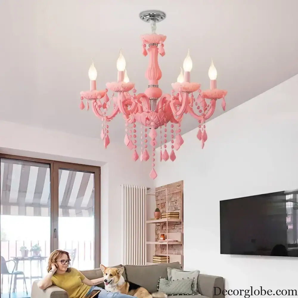 Pink Macaron LED Crystal Chandelier Modern Stylish Hanging Light Bedroom Living Room Kids Room Study Elegant Home Decor