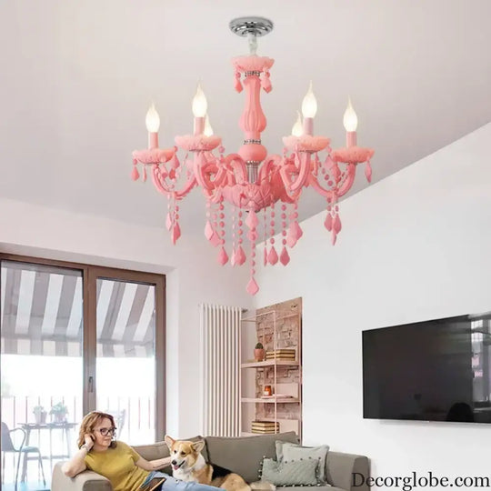 Pink Macaron LED Crystal Chandelier Modern Stylish Hanging Light Bedroom Living Room Kids Room Study Elegant Home Decor