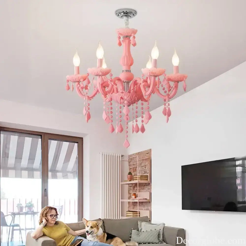 Pink Macaron LED Crystal Chandelier Modern Stylish Hanging Light Bedroom Living Room Kids Room Study Elegant Home Decor