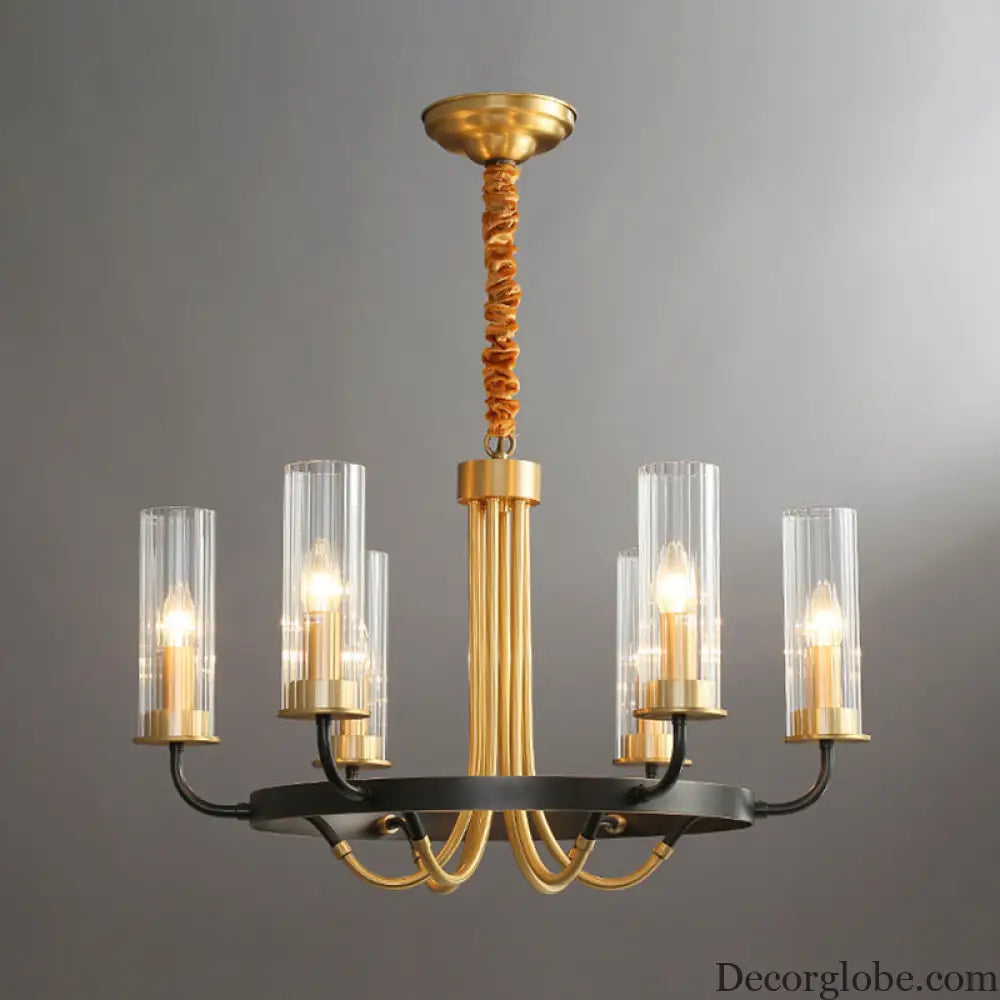 Postmodern Black/Gold Tube Up Chandelier - 6/8 Lights Clear Ribbed Glass Curved Arm