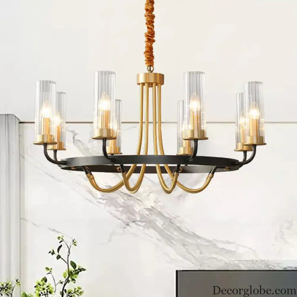 Postmodern Black/Gold Tube Up Chandelier - 6/8 Lights Clear Ribbed Glass Curved Arm