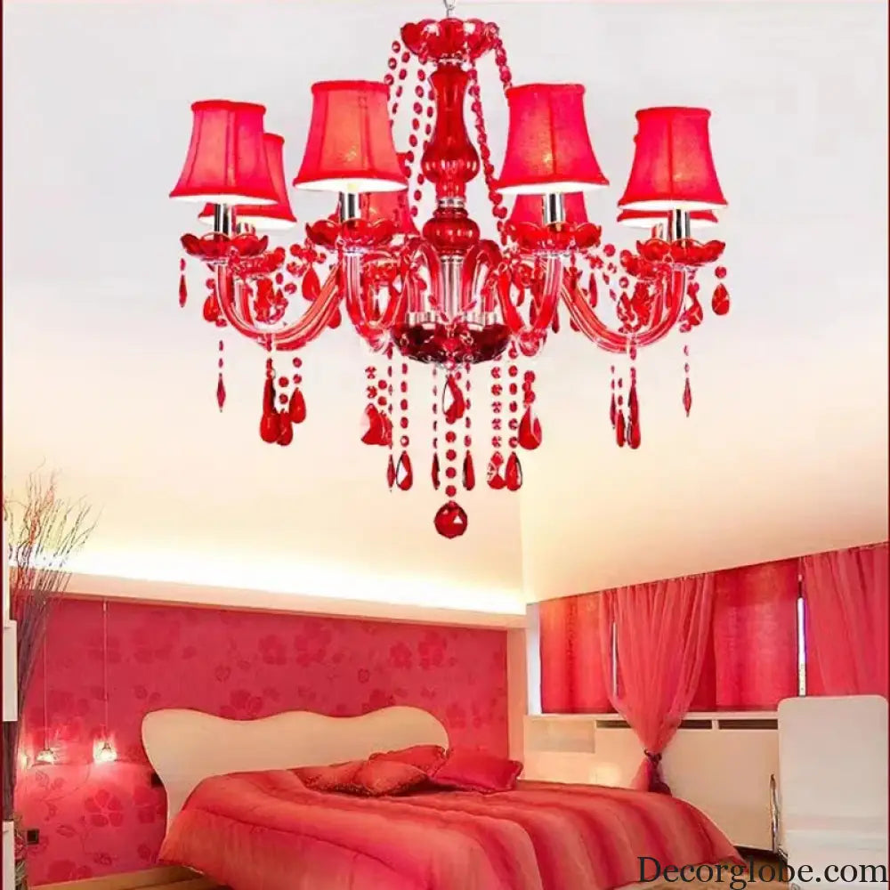 Red Candle Crystal Chandelier with Glass Shades 6 or 8 Head Chandelier