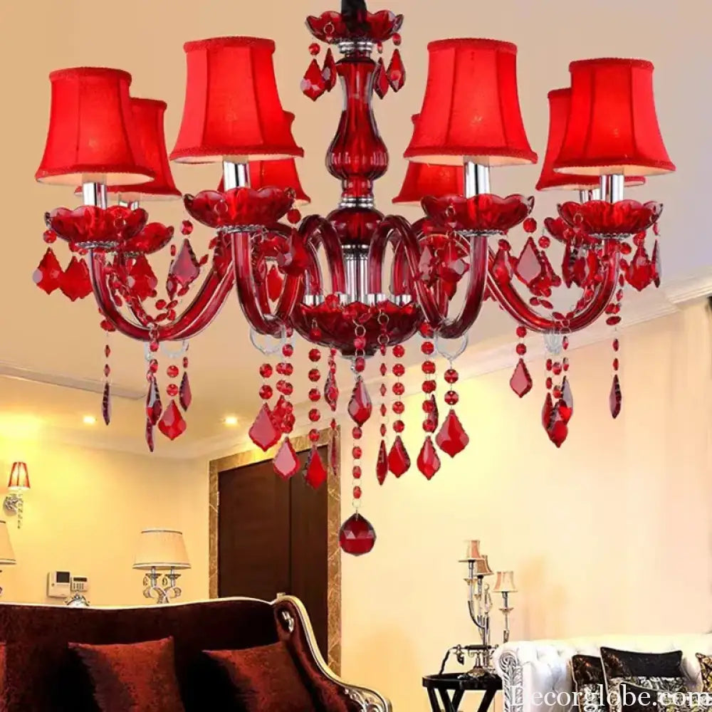 Red Candle Crystal Chandelier with Glass Shades 6 or 8 Head Chandelier