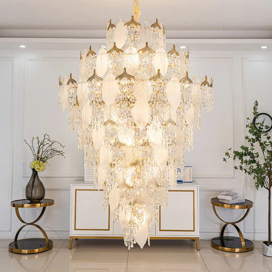 New French Cream Style Villa Duplex Living Room Crystal Chandelier Modern Light Luxury High Feeling Leaf Lamp Staircase
