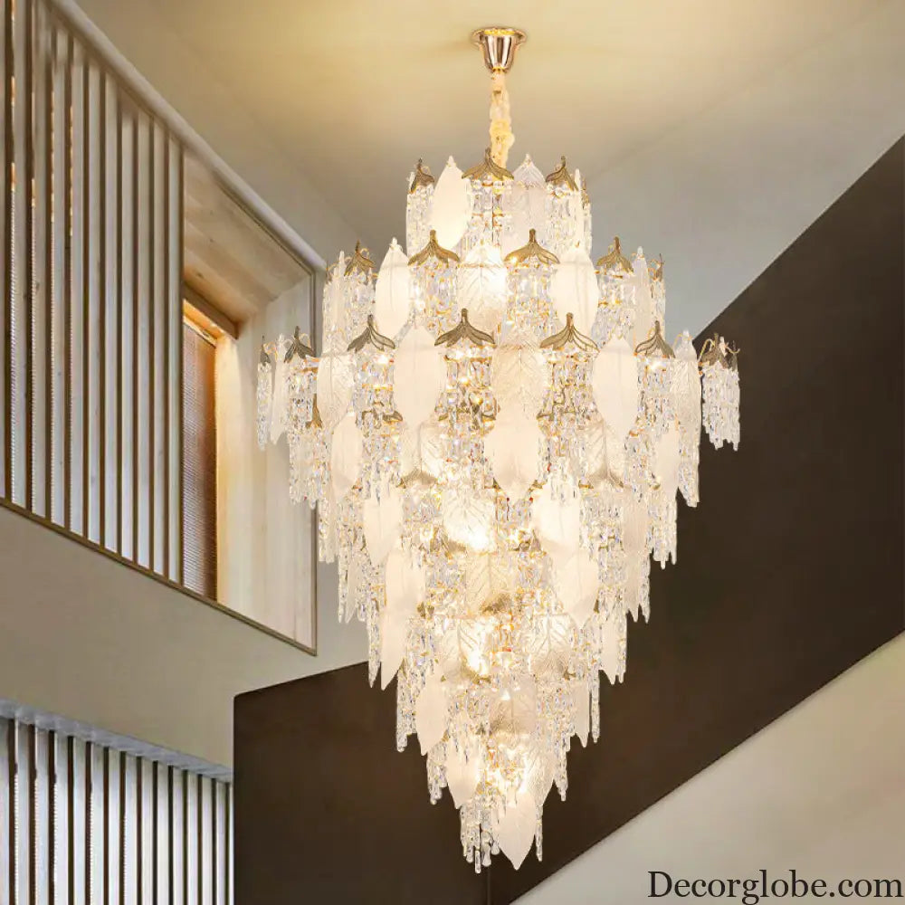 New French Cream Style Villa Duplex Living Room Crystal Chandelier Modern Light Luxury High Feeling Leaf Lamp Staircase